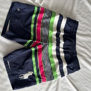 Polo by Ralph Lauren Boy’s Striped Swim Trunks - Navy, Green, Pink-size 10/12